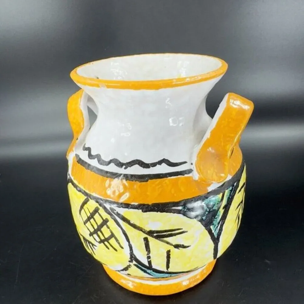 Italian Pottery Vase With Handles Hand Painted Yellow‎ Leafs Lemons Marked Italy